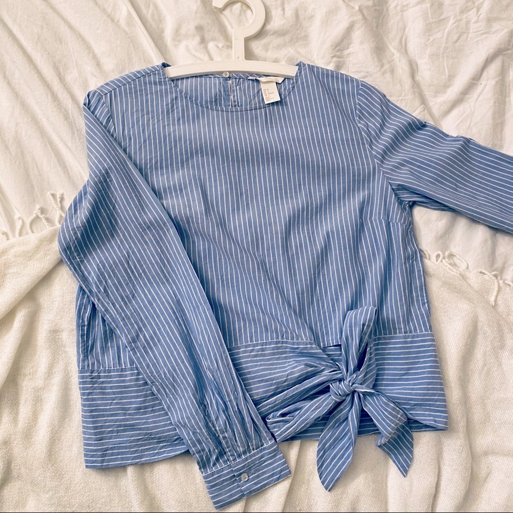 H&M blue striped bow blouse